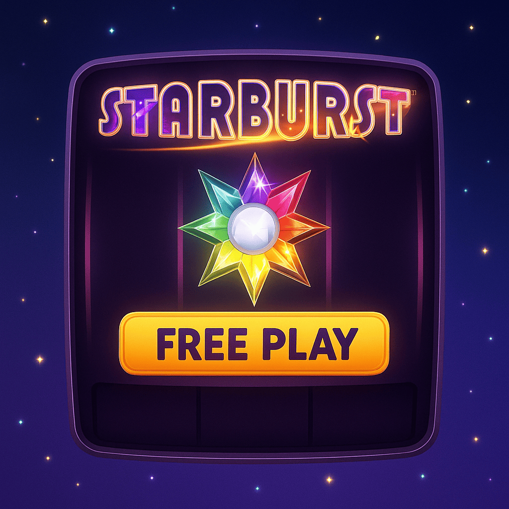 Starburst slot with colorful star and Free Play button.