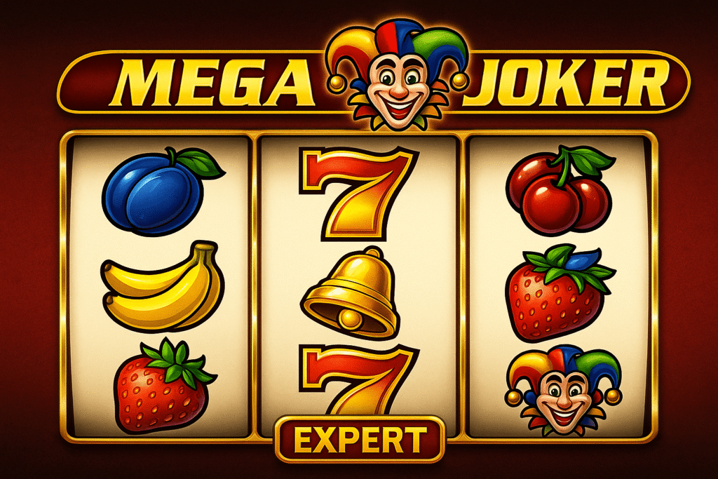 Mega Joker slot with fruits, sevens, and joker symbol.