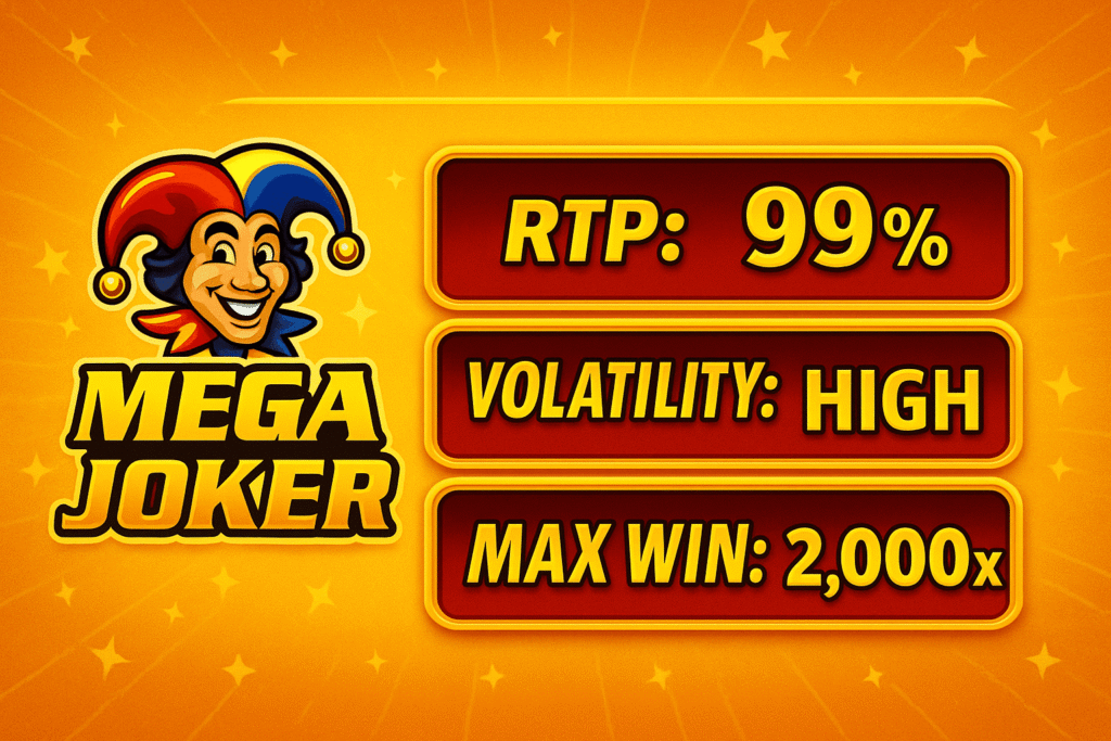 Mega Joker slot stats with RTP, volatility, and max win.