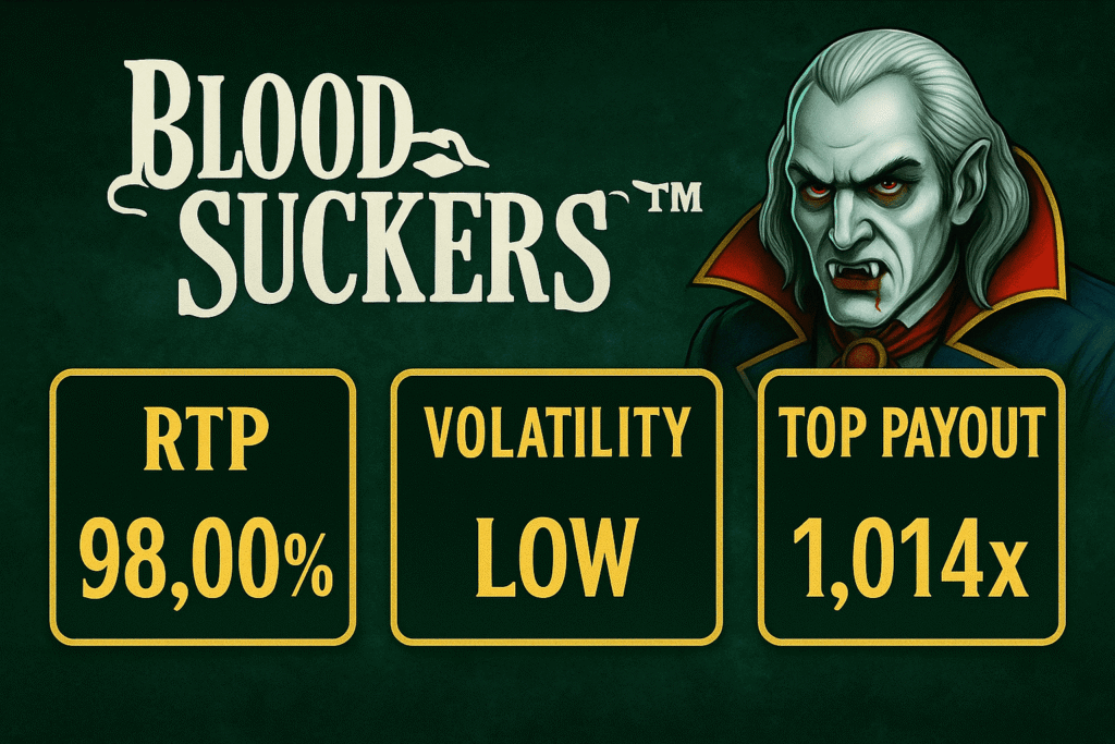 Blood Suckers slot with RTP, high volatility, and top payout details.
