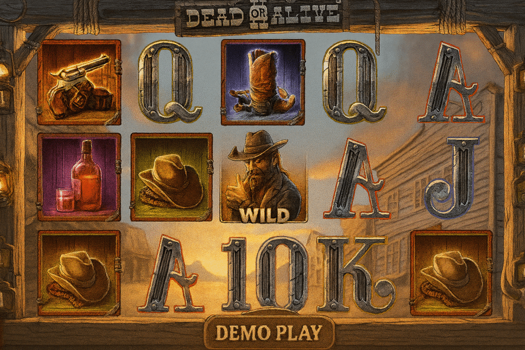 Dead or Alive slot screen with wild west symbols and "Demo" label.